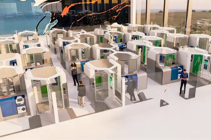 Digital rendering of future self-service kiosks at airport security