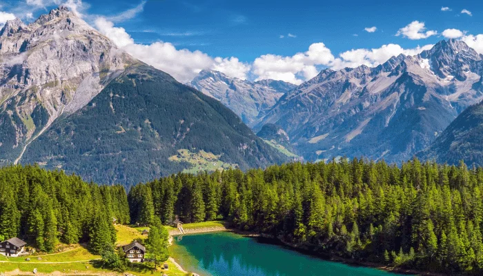 Arnisee with Swiss Alps. Arnisee is a reservoir in the Canton of Uri, Switzerland, Europe