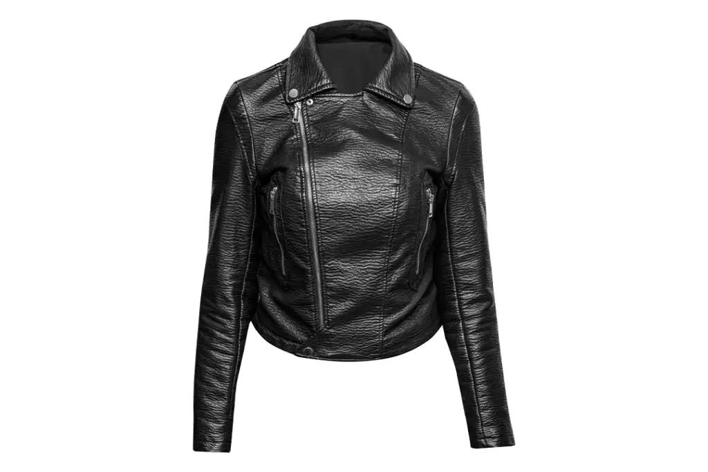 Woman black leather jacket isolated on white background