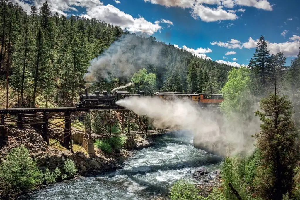 Durango & Silverton Narrow Gauge Railroad train making its way through a forest of evergreen trees