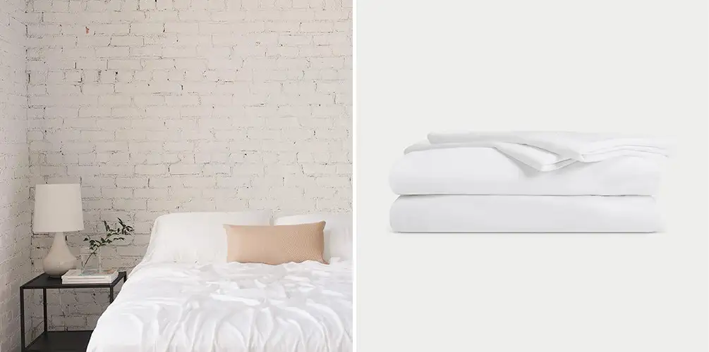 Bed made up with Cozy Earth sheets (left) and stack of Cozy Earth sheets on cream backdrop (right)