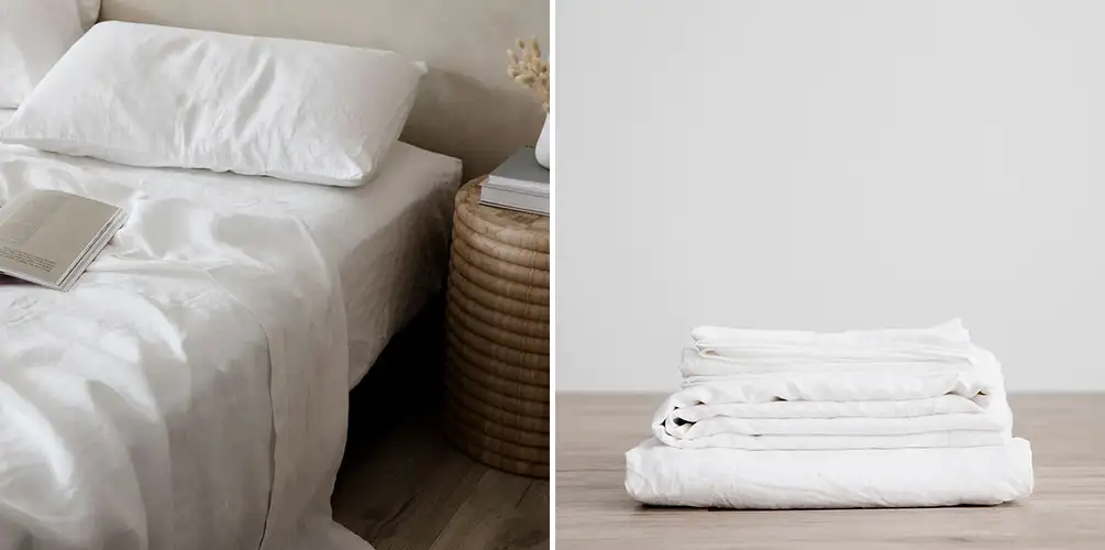 Bed made up with Cultiver sheets (left) and stack of folded Cultiver sheets on wooden floor (right)